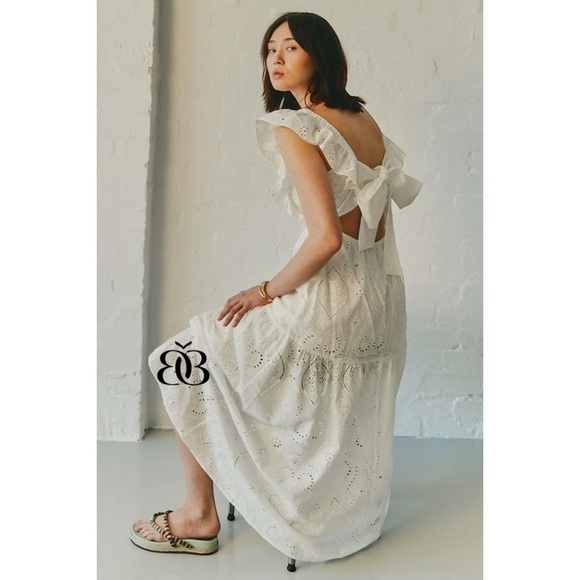 Flying Tomato Dresses & Skirts - Flying Tomato Natural Beige Eyelet Ruffle & Bow Tiered Midi Dress